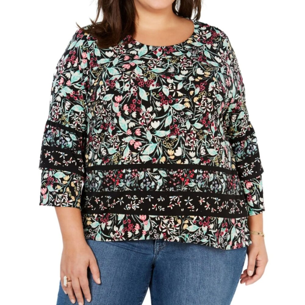 Style & Co Black Multi Color Floral Round Neck Stretch‎ Flare Sleeve Top XL